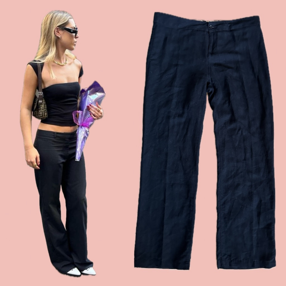 Low Waist Linen Blend Trousers Black Relaxed Fit Size 10